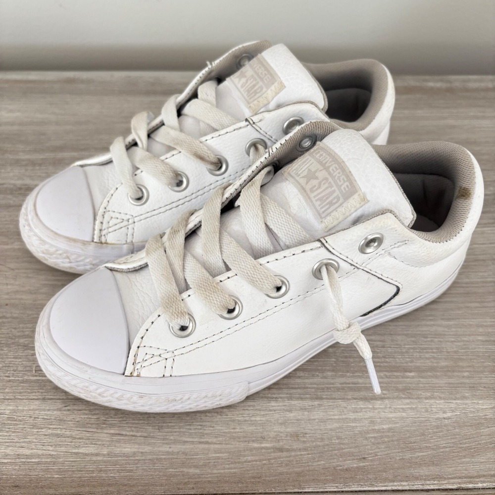 Converse All Star White‎ Leather Junior Sneakers Size 1.5 Youth Casual Shoes